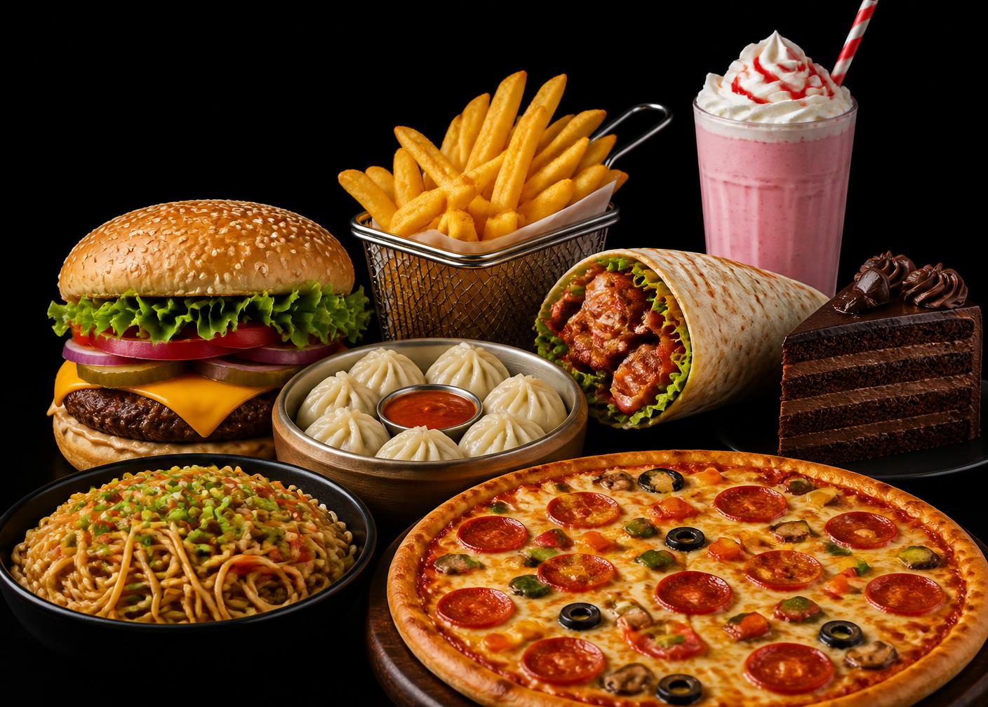A spread of burgers, pizza, fries, momos, rolls, noodles and shakes from Bites Box